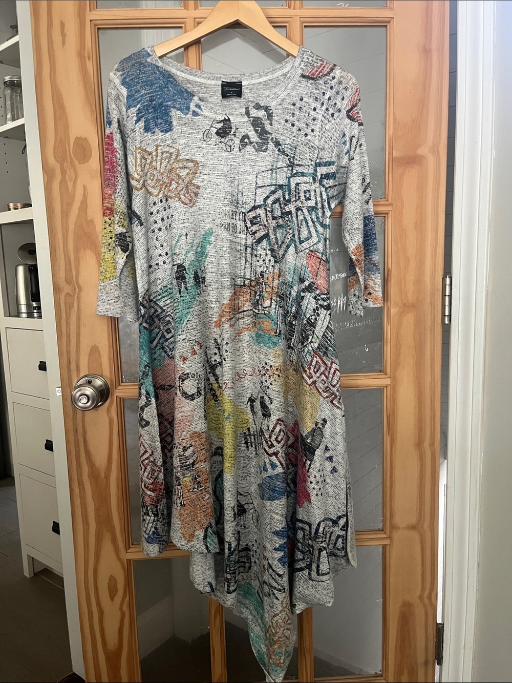 Inoah dress, asymmetrical, city, graffiti, knit, pockets, midi, art to wear rare